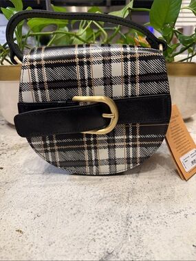 Patricia Nash NWT Black & White Plaid Saddle Bag with Gold Buckle